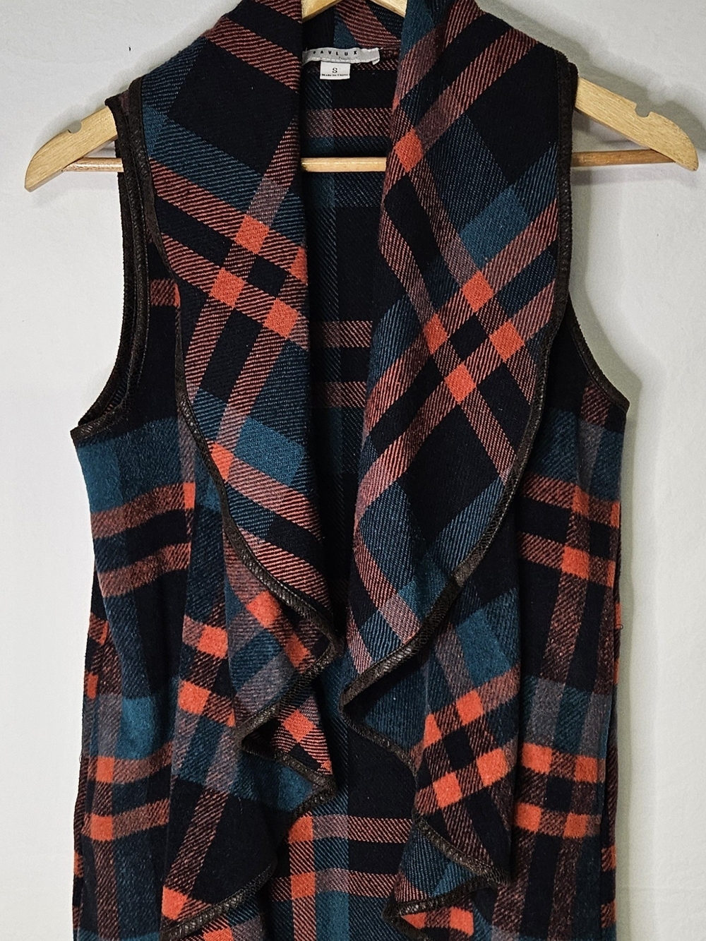 Favlux Plaid Waterfall Draped Vest Jacket With Pockets Teal, Orange, Black Sz S